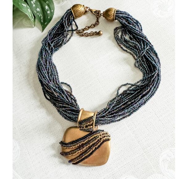 Chico's Chunky Boho Beaded Gold Pendant Multistrand Statement Necklace 18-22" - Picture 1 of 10